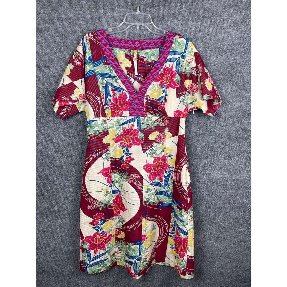Maeve Dress Women 12 Red Floral Silk Blend Great V-Neck Metallic Anthropologie